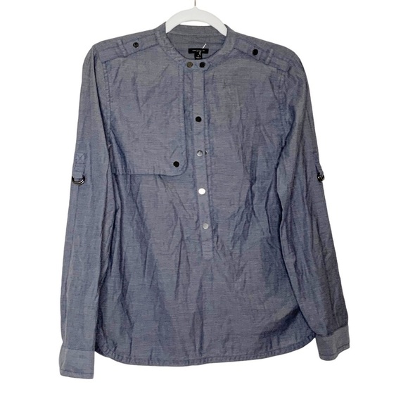 ANN Taylor grey/blue long sleeves cotton top with front flap. Size 4 - Picture 3 of 6